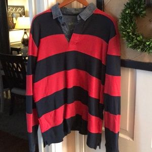 Red and navy rugby shirt.